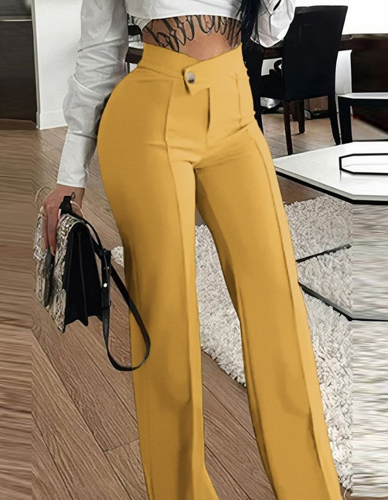 Slim Straight-Leg Pants with Buckle Fashion Solid Color Trousers for Womens Clothing