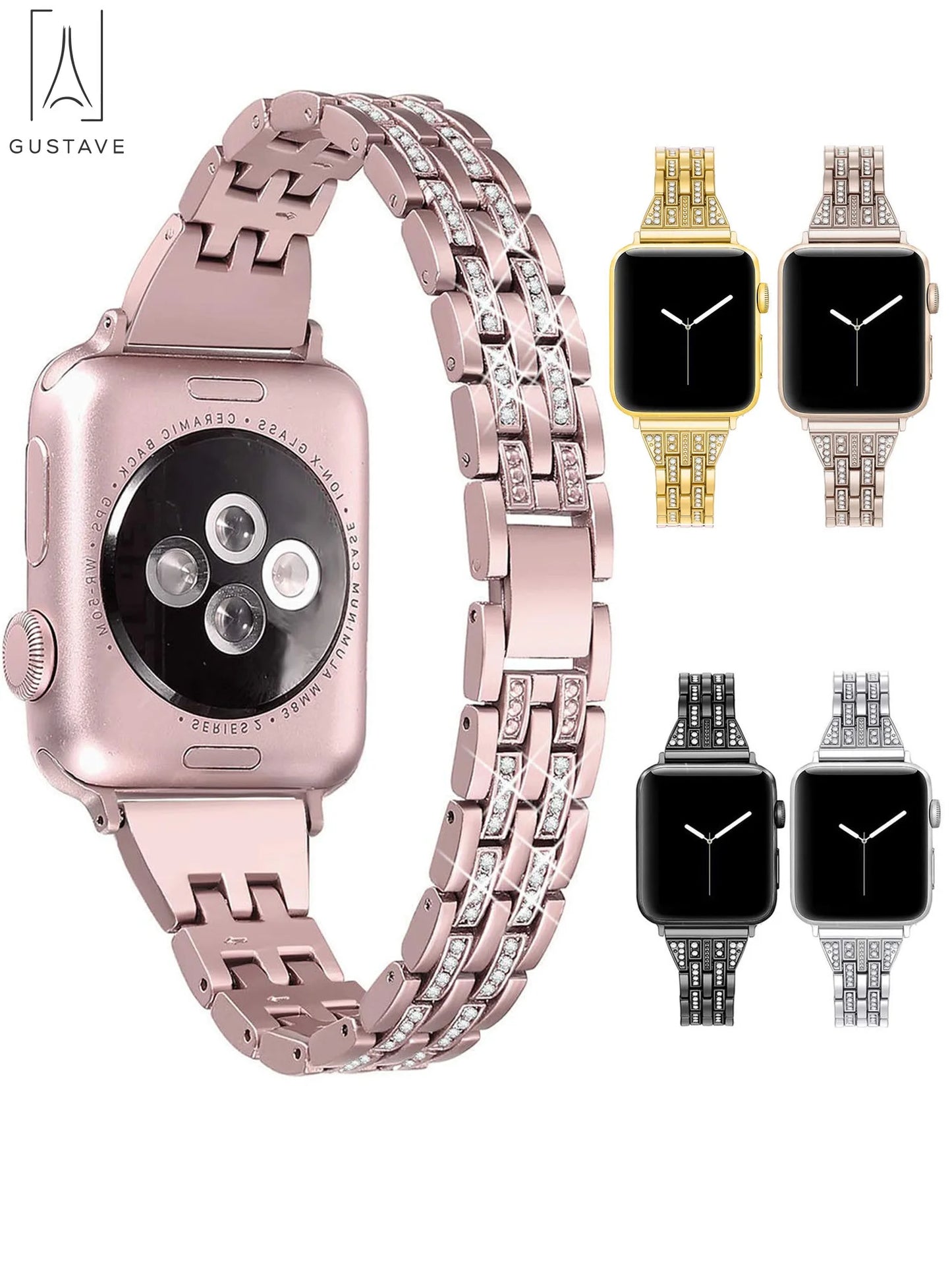 Metal Apple Watch Band 38Mm 40Mm 42Mm 44Mm Compatible with Iwatach Series Ultra SE 8 7 6 5 4 3 2 1 Elegant Bracelet Wristband Strap with Diamond Rhinestone for Women "Pink"